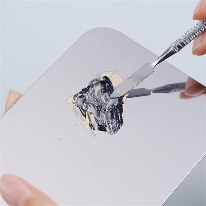 Shidara Stainless Steel Makeup Mixing Palette with Spatula - Professional Cosmetic Mixing Plate for Foundation, Eyeshadow, Eyelash & Nail Art | Silver | 1 Piece | Ideal for Makeup Artists & Beauty Enthusiasts