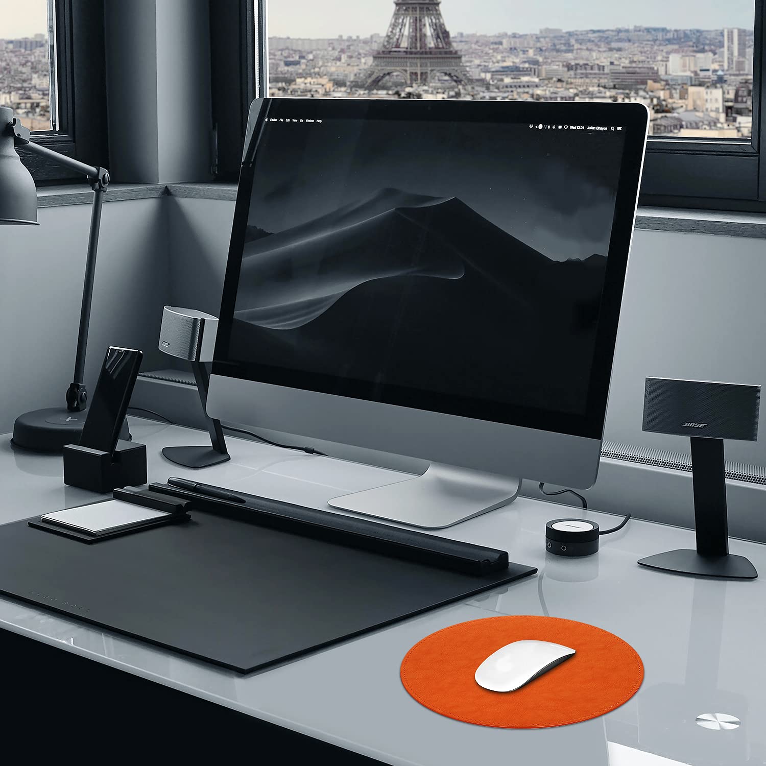 Premium Round PU Leather Mouse Pad with Stitched Edge & Non-Slip Microfiber Base - Waterproof Desk Mat for Computer, Laptop, Gaming (9x9 Inch, Orange) - Perfect for Office, Home & Gaming Setups