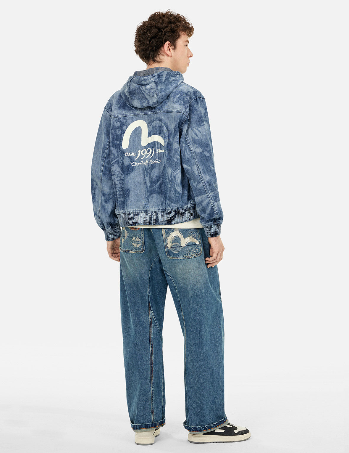 Fisherman Godhead Laser Print Loose Fit Hooded Denim Jacket for Men - Vintage Distressed Streetwear Style for Casual Outfits & Urban Fashion