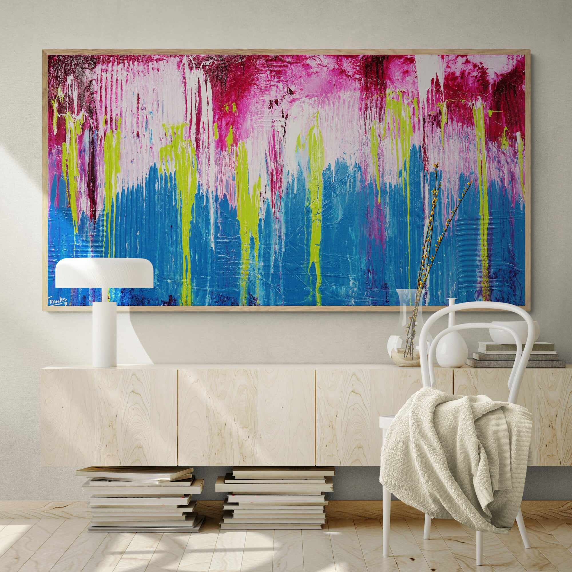 190cm x 100cm Teal Abstract Corrugated Canvas Painting - Modern Wall Art for Living Room, Bedroom & Office Decor