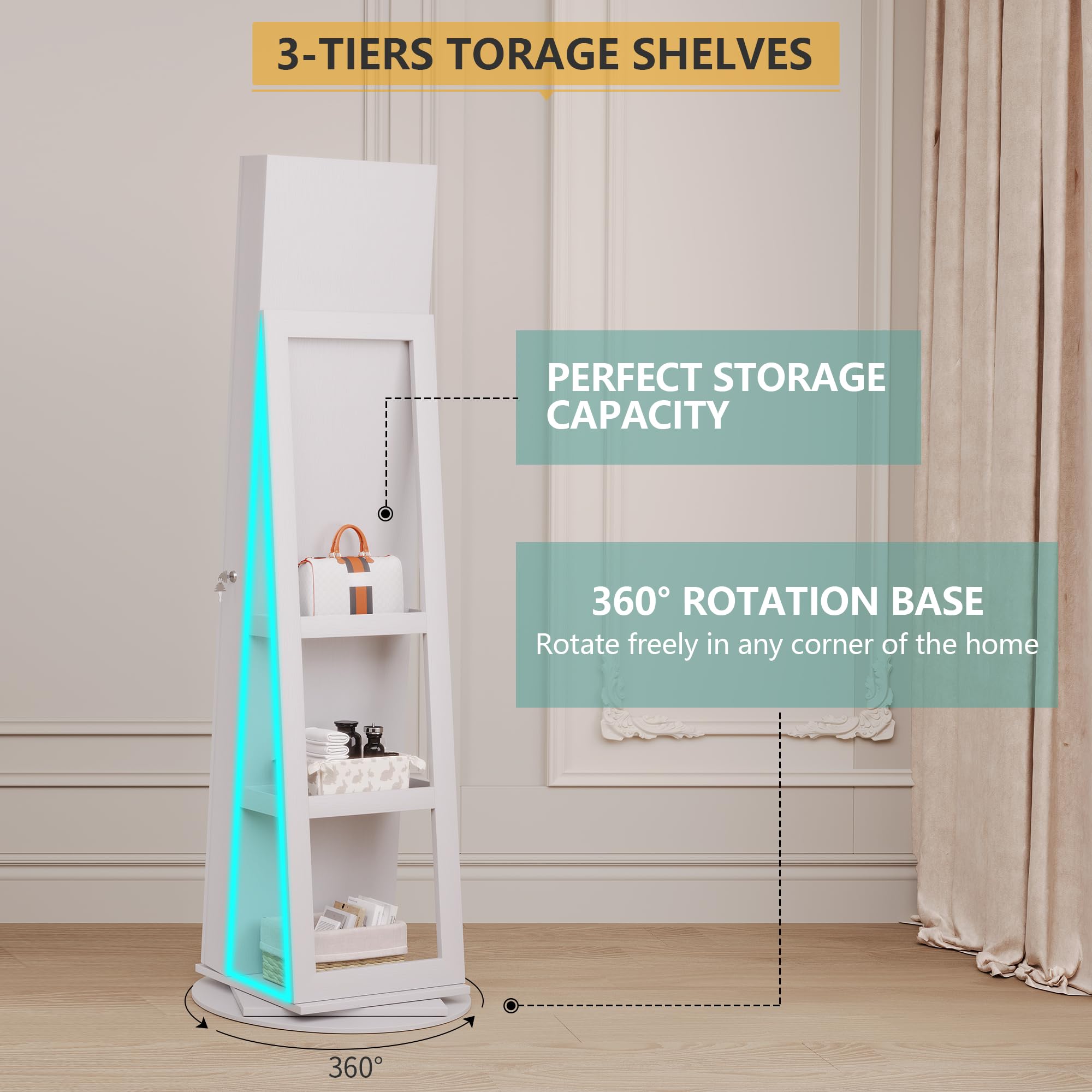 Vlsrka LED Jewelry Armoire with Full Length Mirror - 360° Rotating Standing Jewelry Cabinet with Lock, Inner Makeup Mirror & Soft Velvet Lining - Large Jewelry Organizer for Necklaces, Rings, Earrings - Perfect for Bedroom, Living Room & Dressing Room Decor