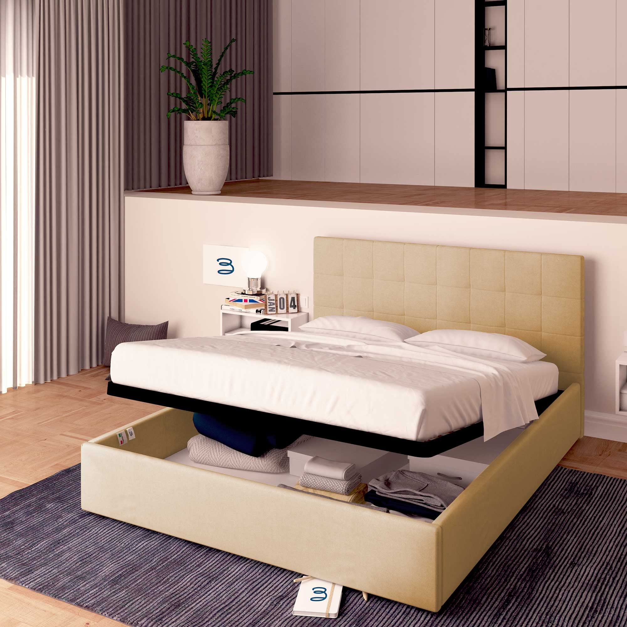 Baldiflex Single Bed with Storage, Dublin Model, Synthetic Leather Upholstery, Slatted Base for Single Mattresses, 120 x 190 cm, Elegant Beige Headboard - Perfect for Small Bedrooms, Guest Rooms & Studio Apartments