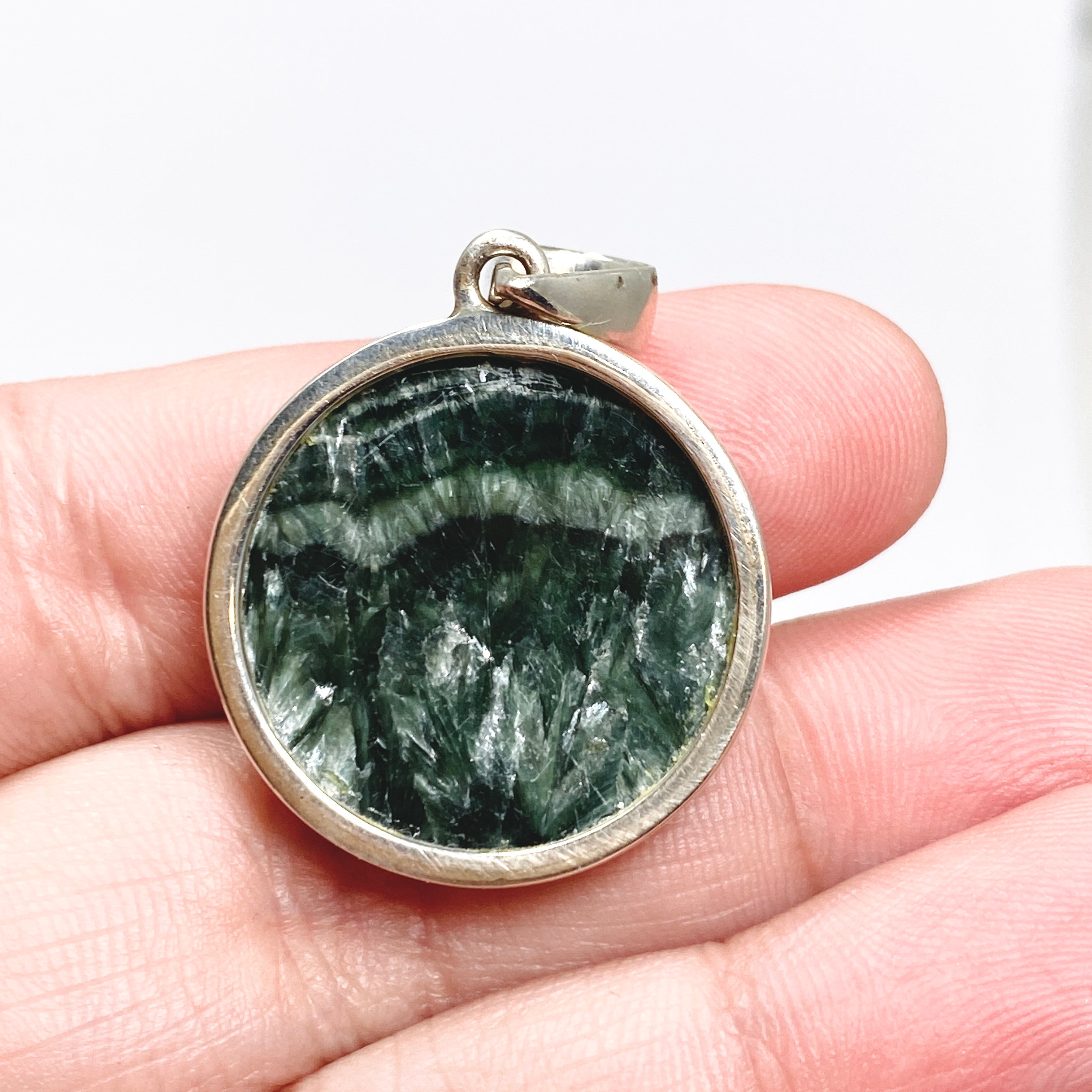 Natural Seraphinite Round Cabochon Pendant Necklace - Handmade Silver Jewelry for Women | Perfect for Meditation, Healing & Spiritual Gifts