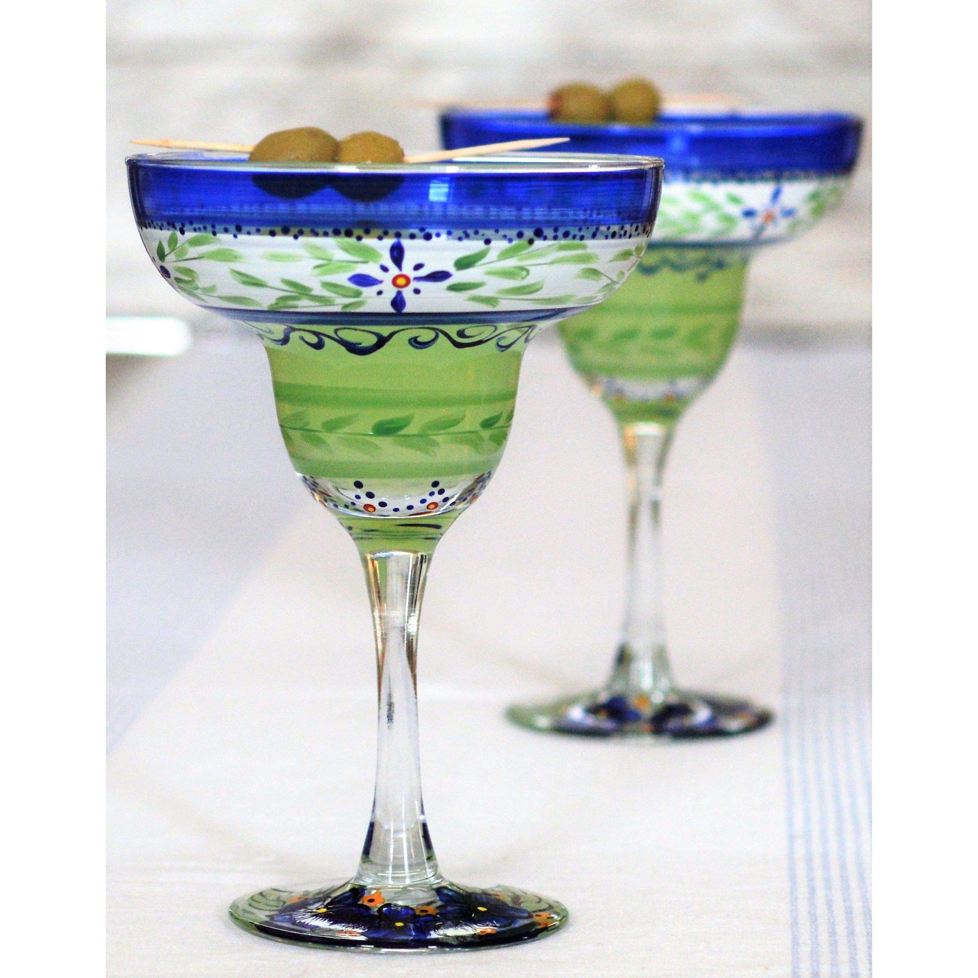 Set of 2 Hand-Painted Green Floral Margarita Glasses - 12 oz Stemware for Cocktails, Parties & Home Bar Decor