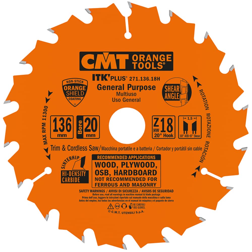 CMT Orange Tools 271.136.18H Ultra ITK Circular Saw Blade - 136mm x 1.5mm x 20mm (18 Teeth) - Premium Orange Carbide-Tipped Blade for Woodworking & DIY Projects - Perfect for Cutting Plywood, MDF, and Softwoods