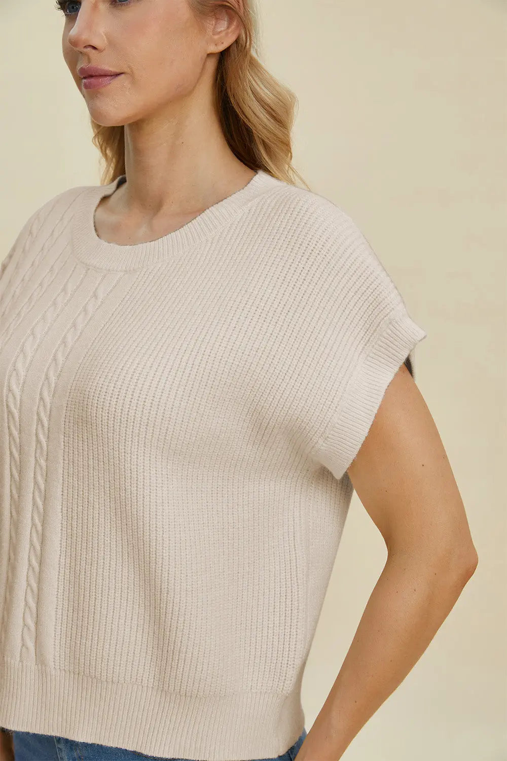 Double Take Full Size Cable Knit Round Neck Short Sleeve Sweater for Women - Cozy Casual Pullover Top for Fall & Winter - Perfect for Office, Date Night and Weekend Outings