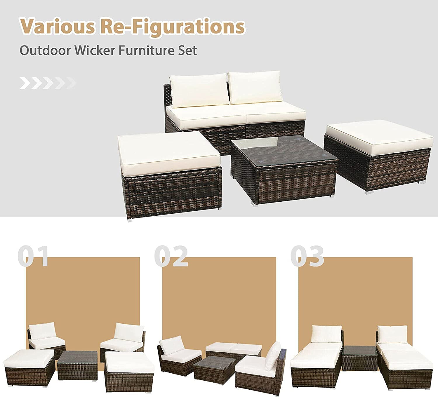 5-Piece Outdoor Chaise Lounge Set with Ottoman & Coffee Table - Rattan Wicker Daybed Conversation Sofa with Cushions for Garden, Balcony, Poolside & Backyard - Perfect for Relaxing, Sunbathing and Outdoor Entertaining