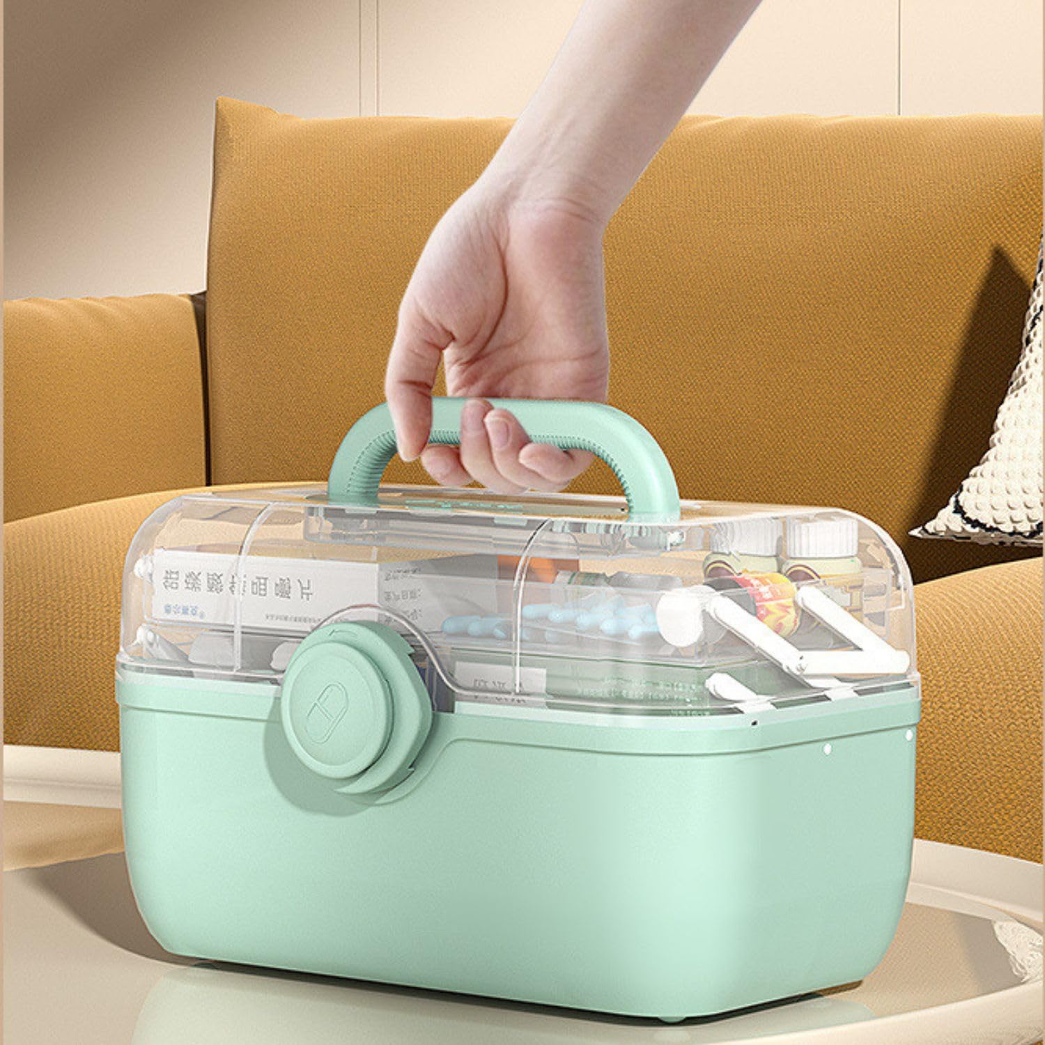 3-Tier Foldable Plastic Medical Storage Organizer with Removable Pill Cases - Portable First Aid Kit Box for Medicine, Art Supplies & Emergency Storage - Green (Ideal for Home, Travel & Emergency Preparedness)
