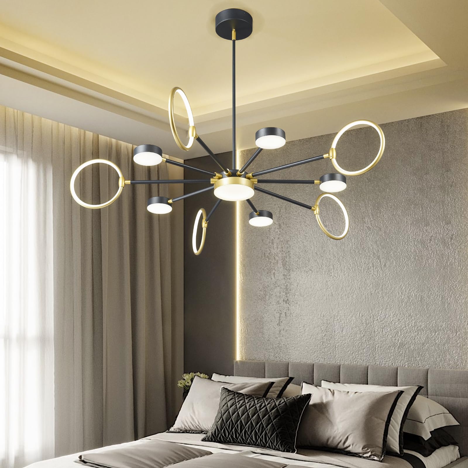 Modern Black & Gold LED Sputnik Chandelier - 11-Light Farmhouse Pendant Lighting Fixture for Dining Room, Bedroom, Living Room & Kitchen | Energy Efficient Dimmable Ceiling Light for Home Decor