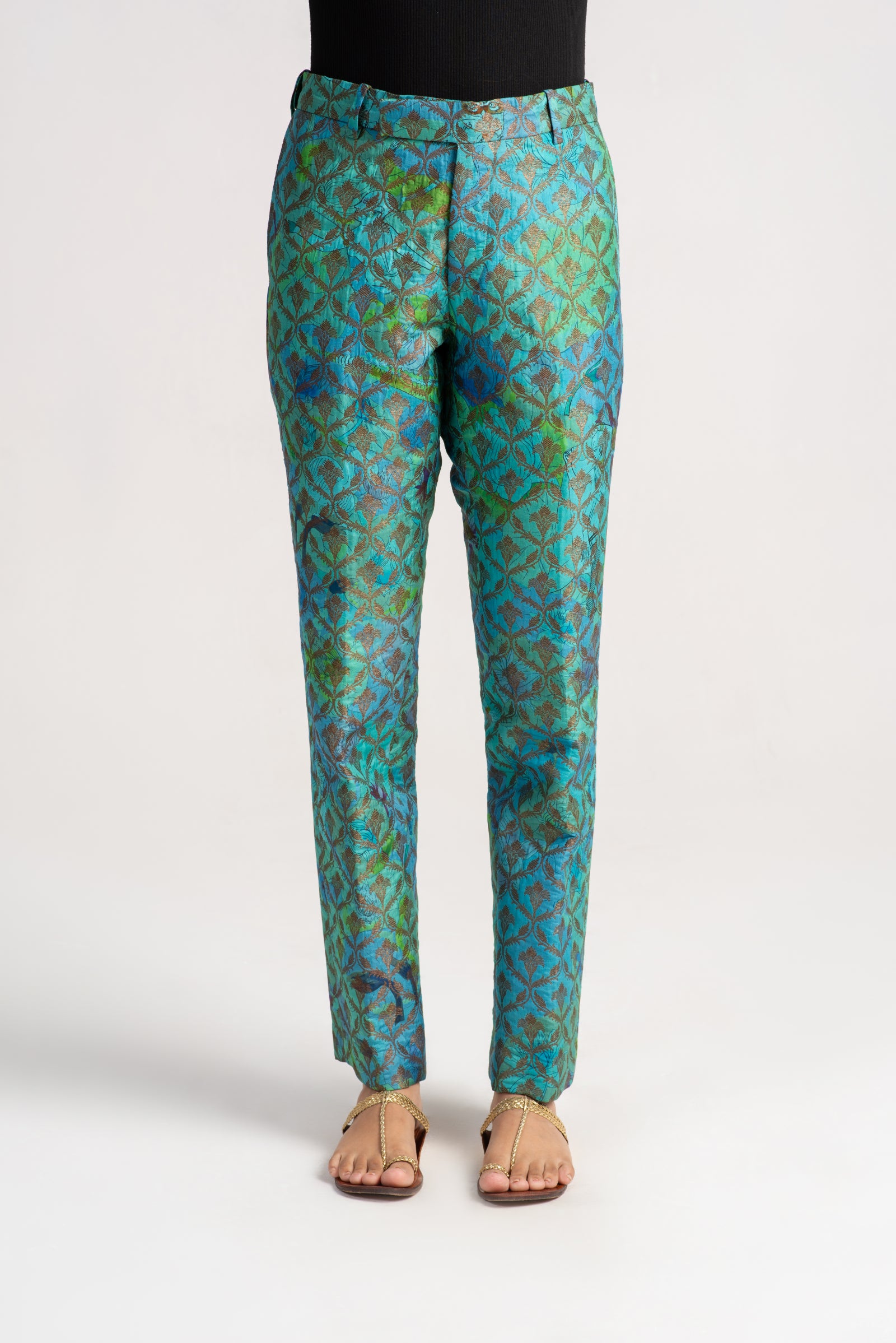 Elegant Boot Cut Trousers in Aqua Silk Brocade - Women's Luxury Dress Pants for Office, Evening & Special Occasions
