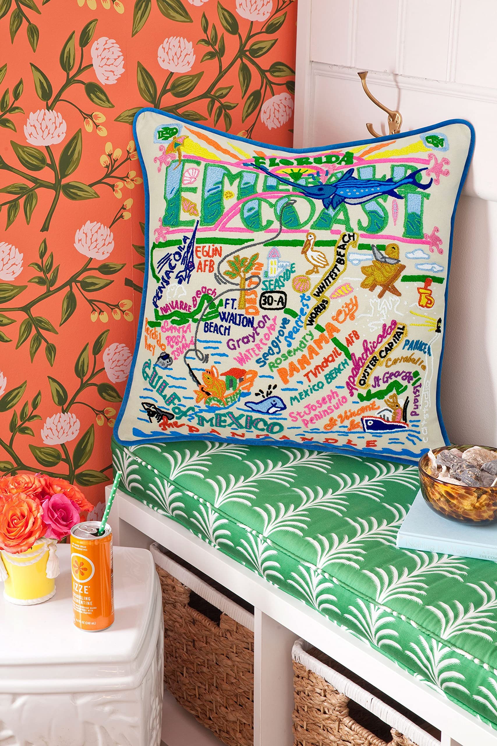 Catstudio Emerald Coast Embroidered Decorative Throw Pillow - Soft Bohemian Style Cushion Cover for Sofa, Bed, Couch - Coastal Home Decor Accent for Living Room, Bedroom, Porch