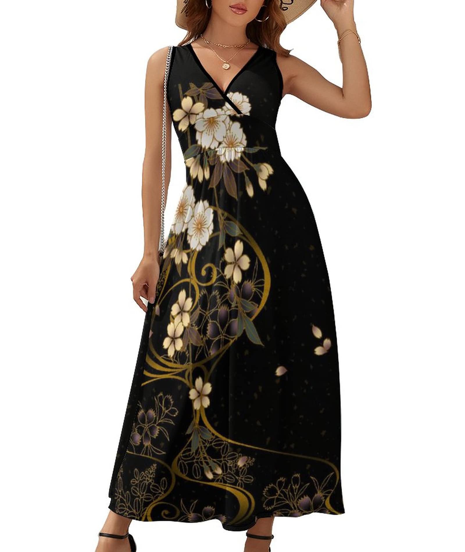 LARSD Women's Floral Print Sleeveless V-Neck Maxi Dress - Casual Summer Beach Dress, Hawaiian Tank Long Dress for Vacation, Party, and Outdoor Activities