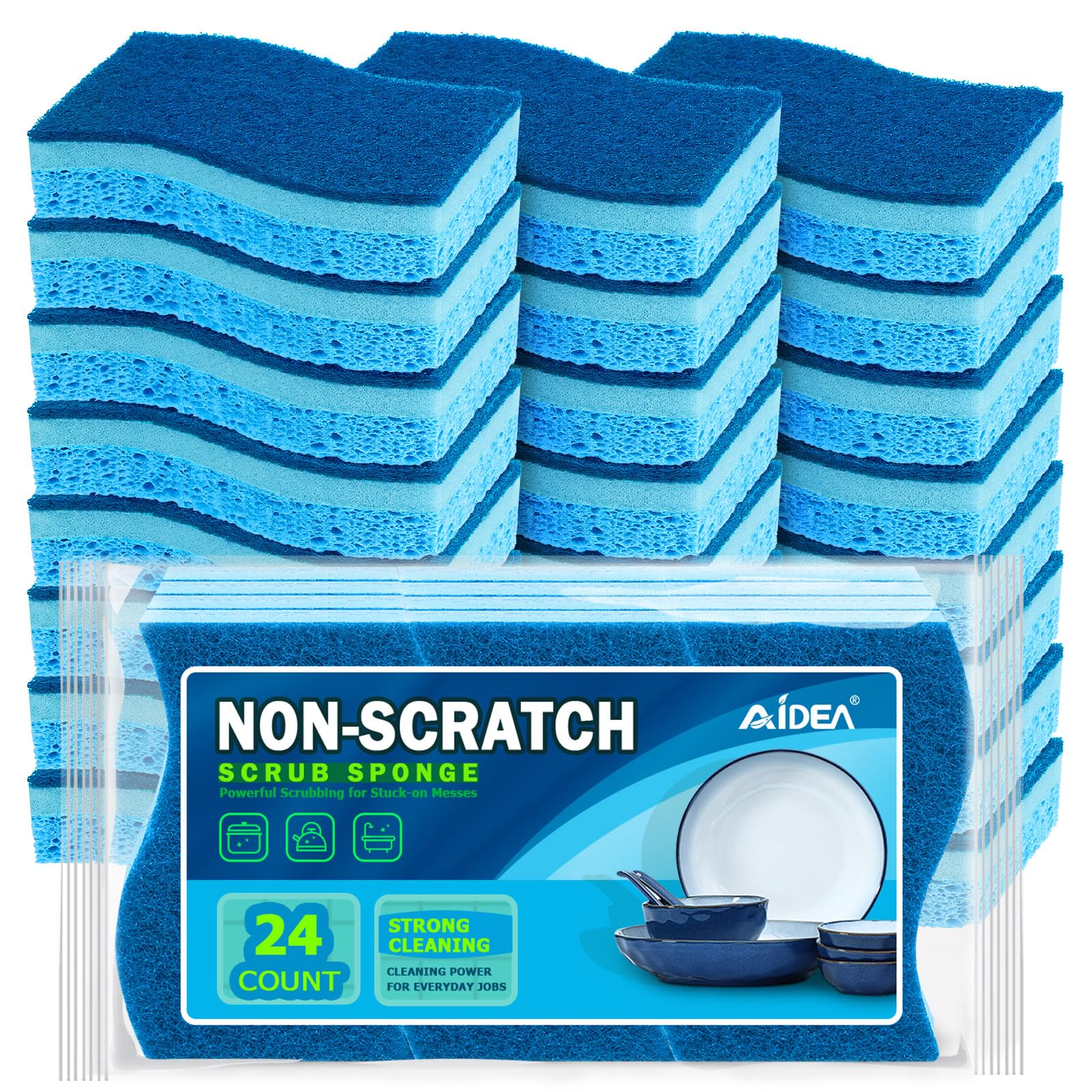 AIDEA Non-Scratch Scrub Sponges - 24 Pack | Safe for Non-Stick Cookware & Delicate Surfaces | Fast Cleaning Kitchen & Bathroom Sponges | Perfect for Dishes, Countertops, and Household Cleaning