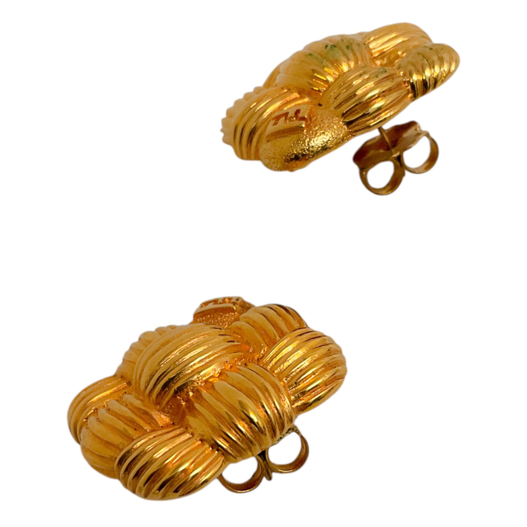 Fendi Vintage Gold Plated Basketweave Earrings for Women - Luxury Fashion Jewelry Gift for Birthday, Anniversary & Special Occasions