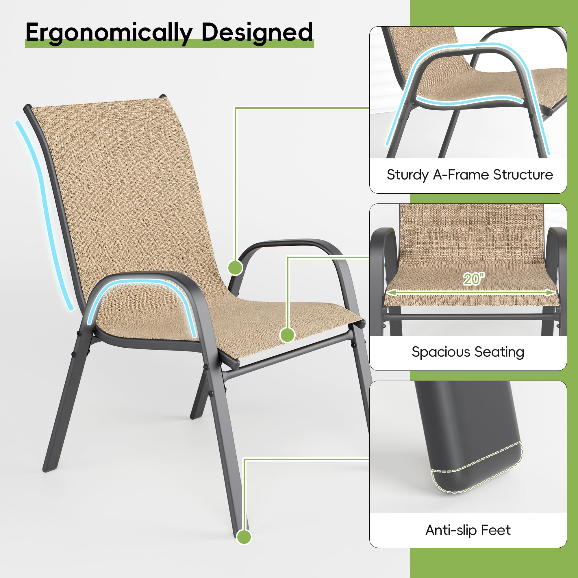 4-Piece Patio Chairs Set - Stackable All-Weather Outdoor Dining Chairs - Durable & Breathable Metal Modern Furniture for Backyard, Deck, Garden (Brown) - Perfect for Outdoor Entertaining & Relaxation