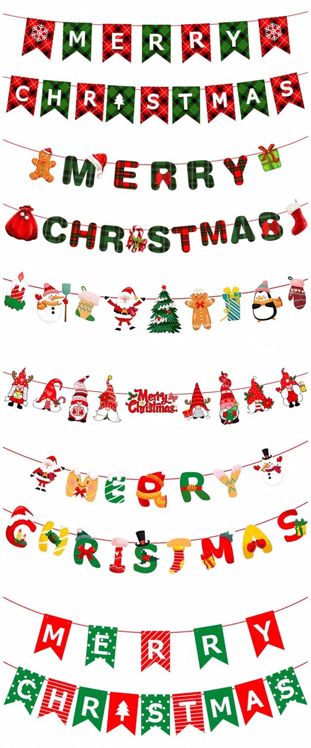 10 Pack Christmas Banner Flags - Buffalo Plaid Merry Christmas Paper Banners & Garlands with Snowman & Santa - Holiday Hanging Bunting Decor for Fireplace, Wall, Xmas Tree - Perfect for Home, Office & Party Decorations