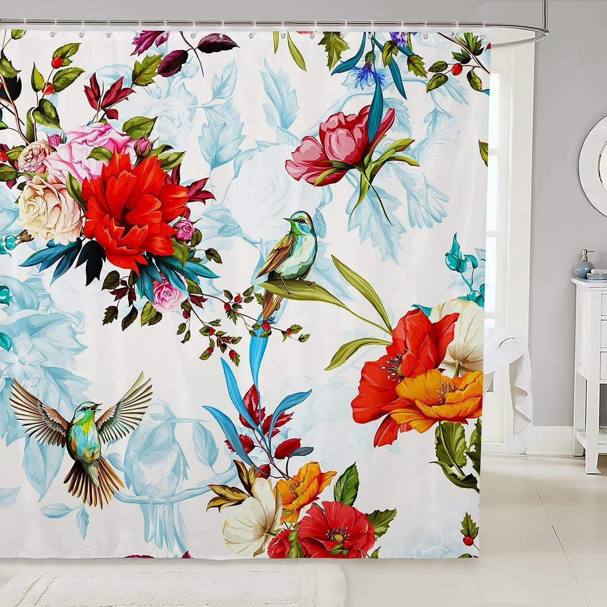 Hummingbird Shower Curtain - Tropical Birds & Floral Watercolor Design - 72x78 Inch Polyester Bathroom Decor for Kids & Farmhouse Style - Perfect for Garden-Themed Bathrooms & Nursery Decor