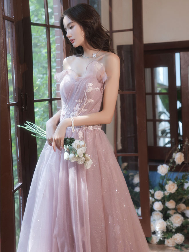 Elegant Pink A-Line Tulle Lace Applique Long Prom Dress for Women - Formal Evening Gown for Homecoming, Wedding, Party & Special Occasions