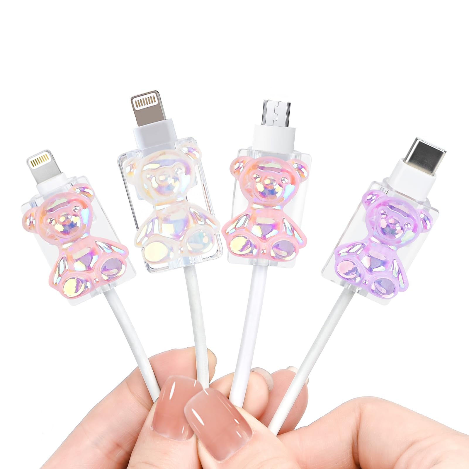 DiyGody 4-Pack 3D Cartoon Bear Cable Protector for iPhone & Android - Cute Shiny Bear Design, Universal Fit for USB-C & Lightning Cables - Perfect for Home, Office & Travel Accessories