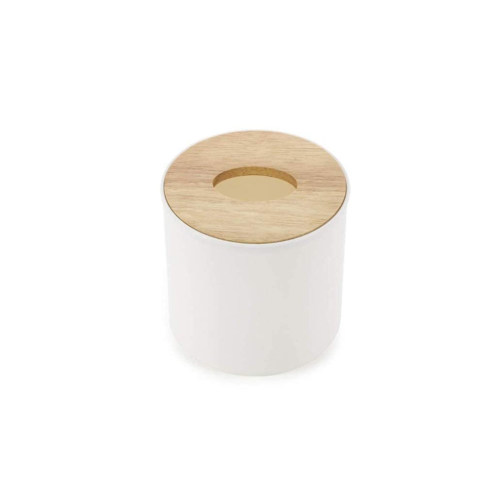 Waterproof Oak Round Tissue Box Cover with Plastic Liner - Stylish Paper Towel Holder for Living Room, Kitchen & Office - 13.3x13cm White Home Decor Organizer