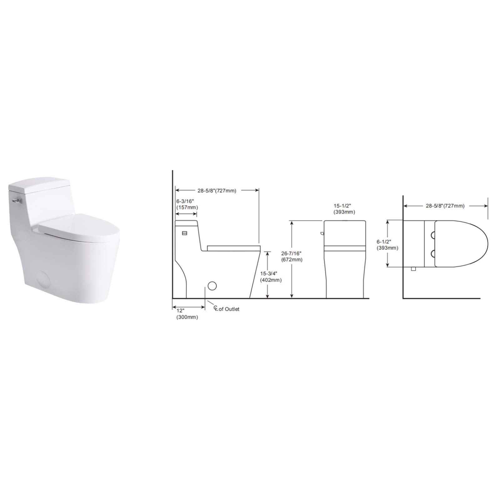 Sarlai One Piece Toilet - Comfort Height Dual Flush Elongated White Ceramic Modern Bathroom Toilet with Soft Seat, 12