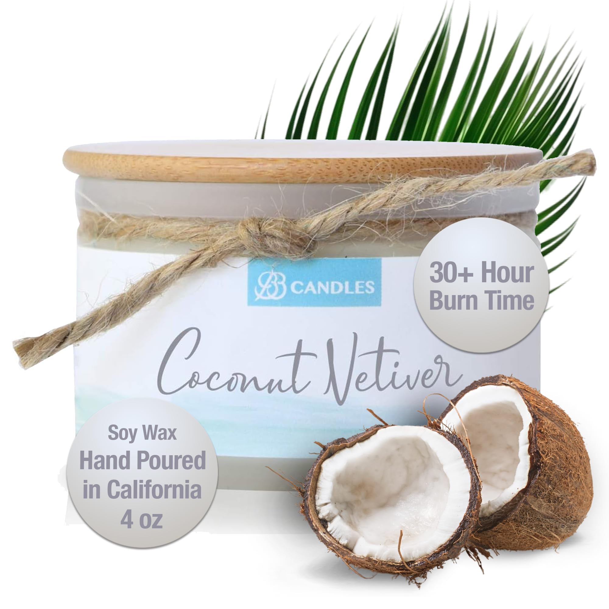 Coastal Essentials Natural Soy Hand-Poured Candle - Coconut Vetiver Scent | 4oz Artisan Candle with 30+ Hour Burn Time | Strong, Long-Lasting Fragrance for Home, Office, Spa & Relaxation