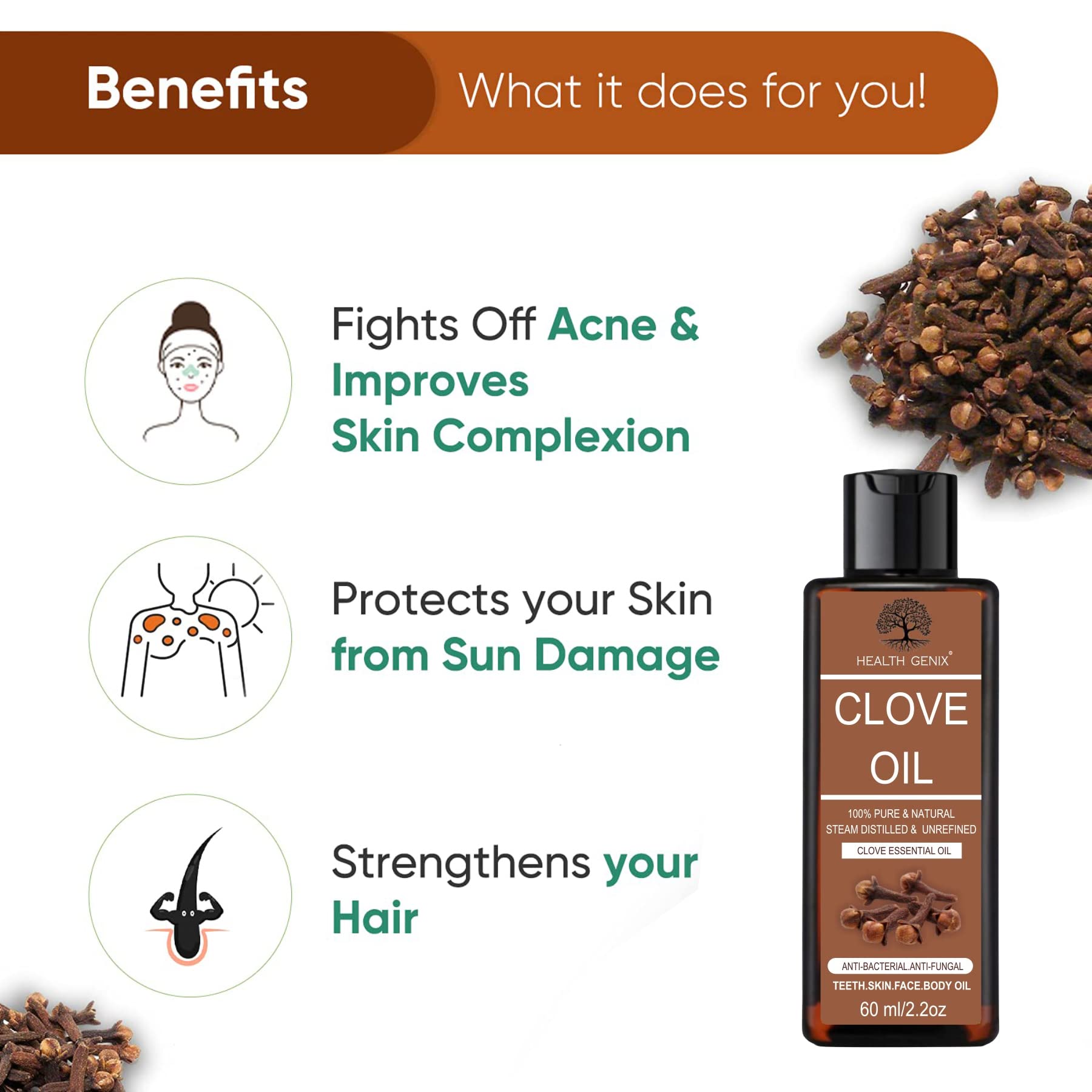 Healthgenix | 2-Pack Clove & Cinnamon Essential Oil Set - 60ml Each | Free 60ml Rose Water | 100% Pure Therapeutic Grade for Teeth, Hair & Skin Care | Aromatherapy, Massage & DIY Beauty Recipes