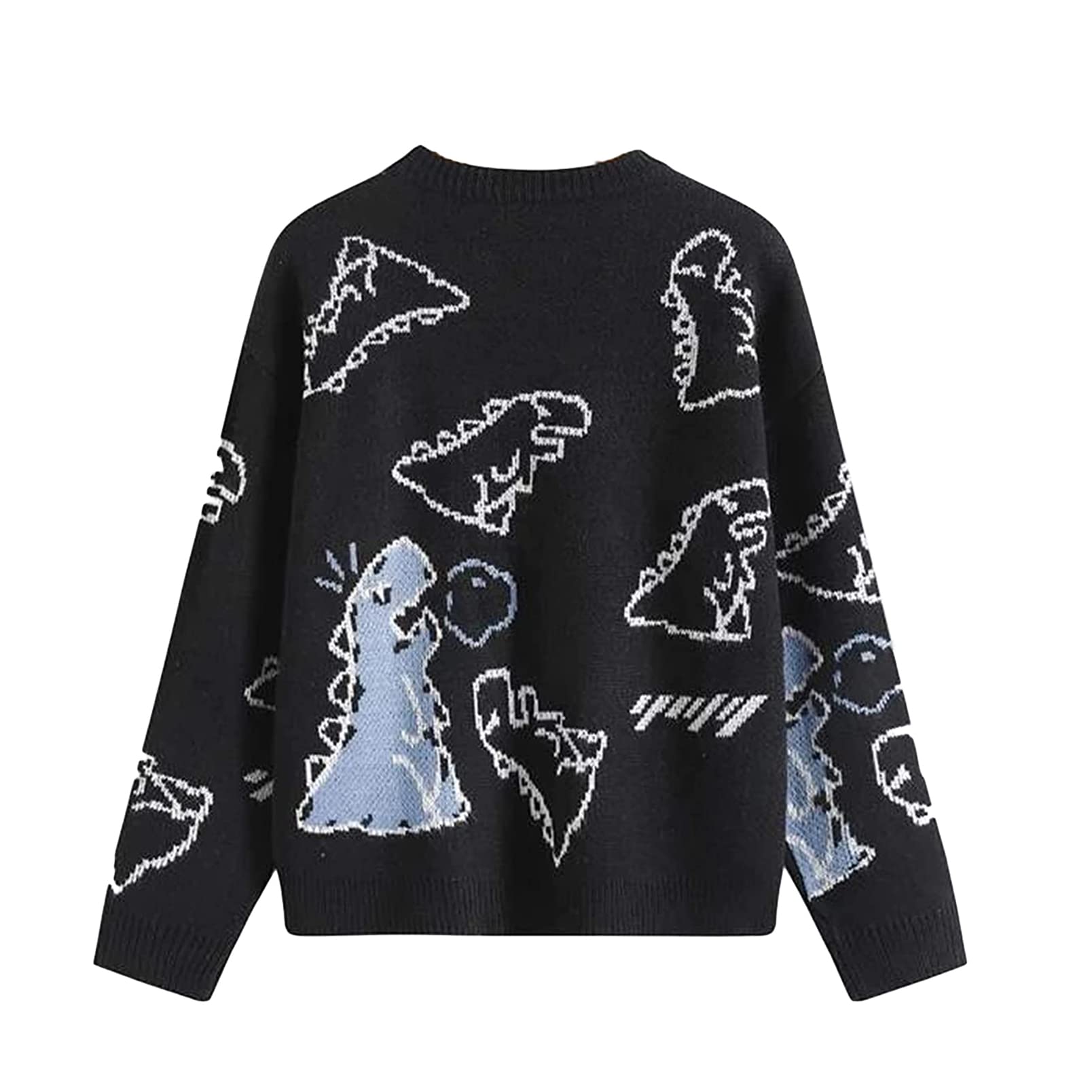 Raruxxin Women's Cartoon Dinosaur Print Knit Sweater - Y2K Kawaii Loose Round Neck Long Sleeve Pullover Jumper for Streetwear & Casual Outfits