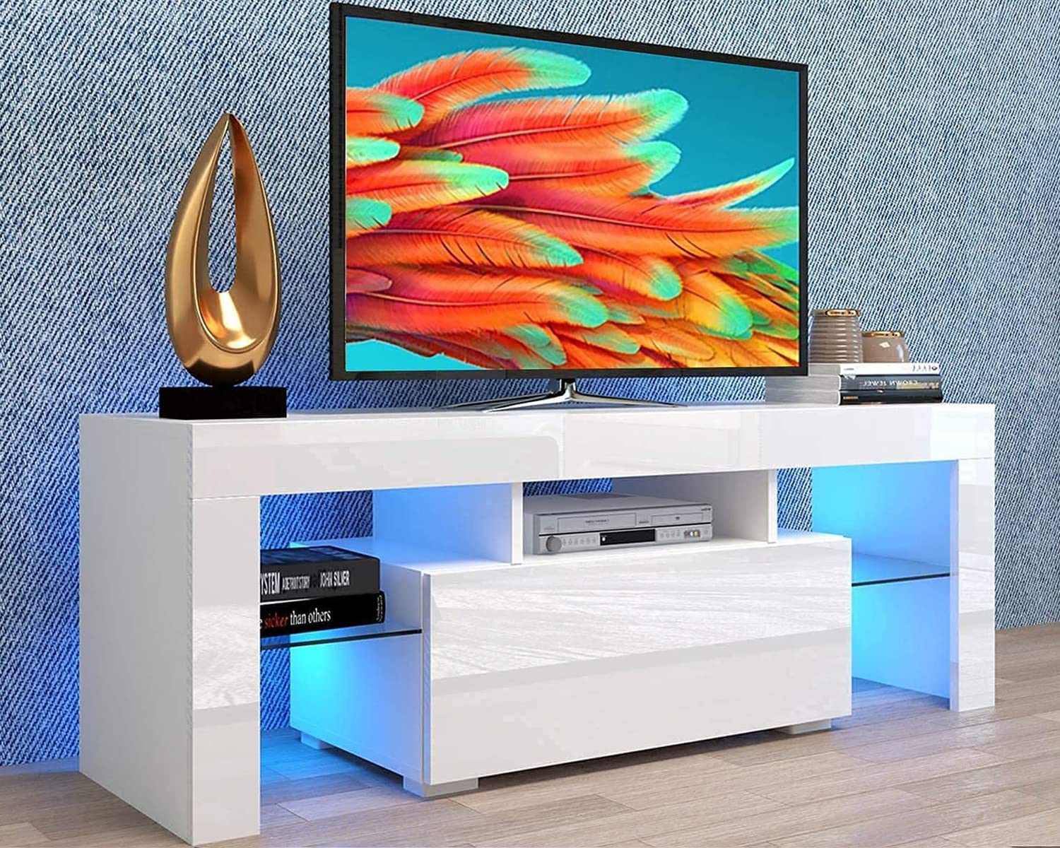 60 Inch LED TV Stand with Storage Drawer - High Gloss Entertainment Center & Media Console Table - Perfect for Living Room, Bedroom & Home Theater Setup