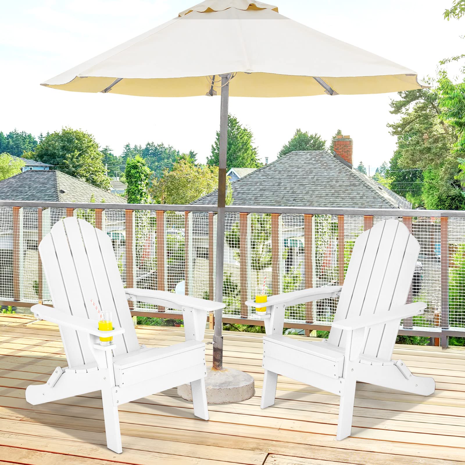 Giantex Adirondack Chair - Outdoor Folding Patio Chair with Cup Holder, Weather-Resistant HDPE Plastic for Backyard, Deck, Garden & Fire Pit - White (Perfect for Relaxing, Lounging & Outdoor Entertaining)