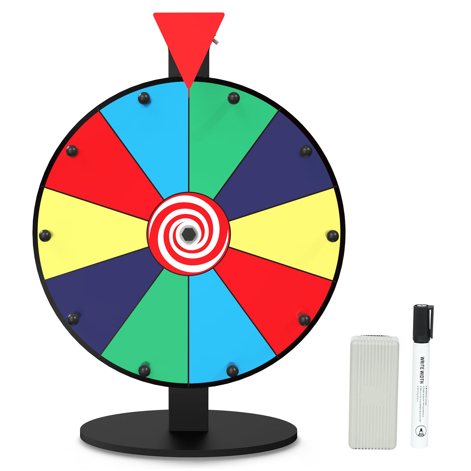 12 Inch 10 Slot Prize Wheel Spinner with Stand - Tabletop Carnival Spin Wheel for Trade Shows & Fortune Games - Includes Dry Erase Markers & Eraser - Perfect for Parties, Carnivals, School Events & Corporate Giveaways