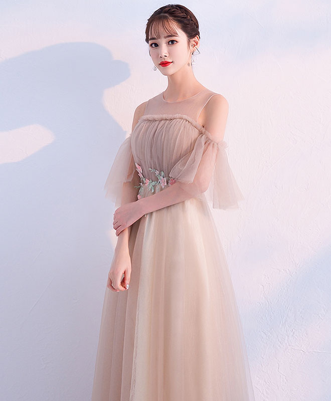 Elegant Champagne Round Neck Tulle Long Prom Dress | Formal Evening Gown for Women | Perfect for Prom, Homecoming, Wedding & Special Occasions
