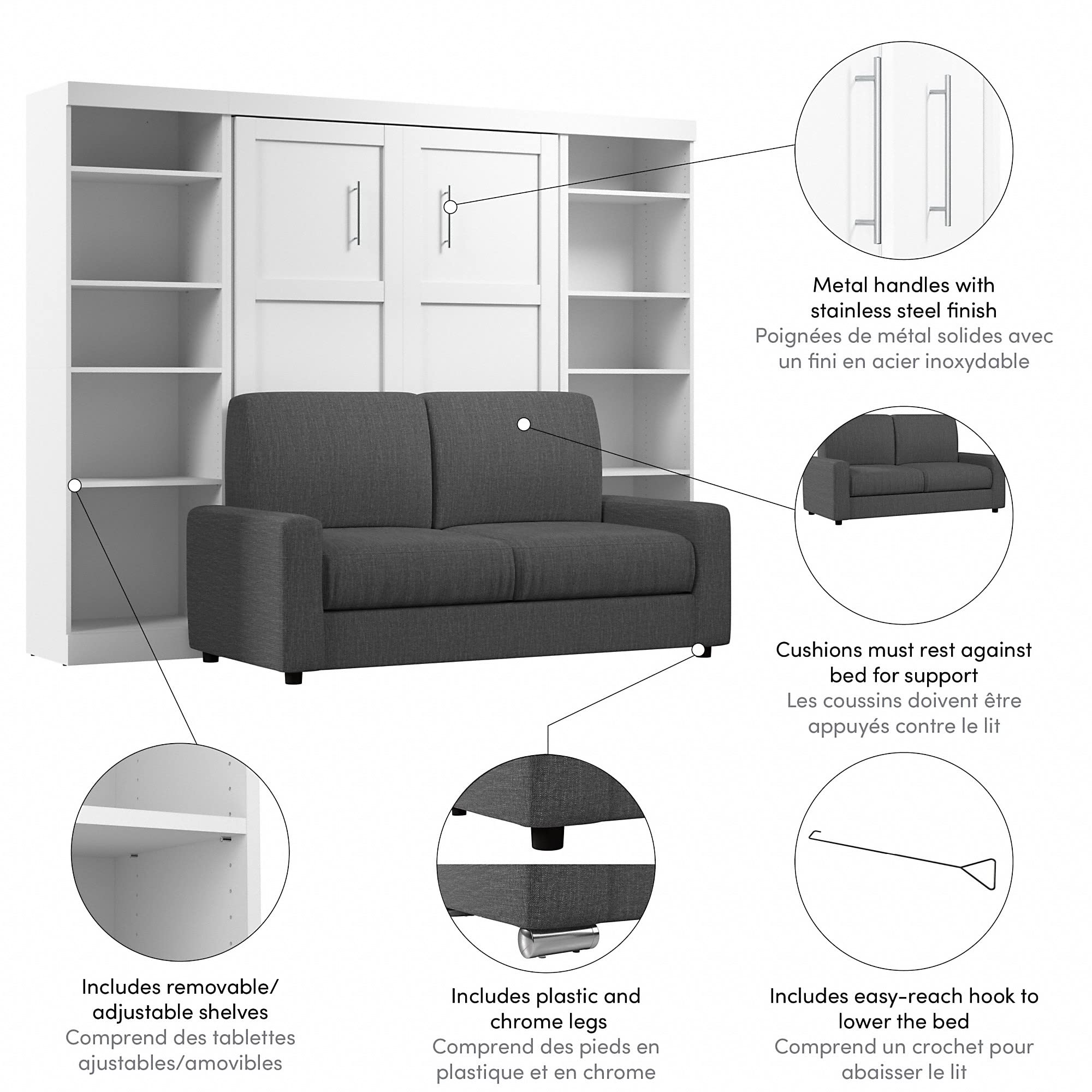Bestar Pur Full Murphy Bed with Sofa and Shelving Units - Space-Saving 109-Inch Wall Bed with Storage | Foldable Bed for Small Apartments, Guest Rooms & Home Offices