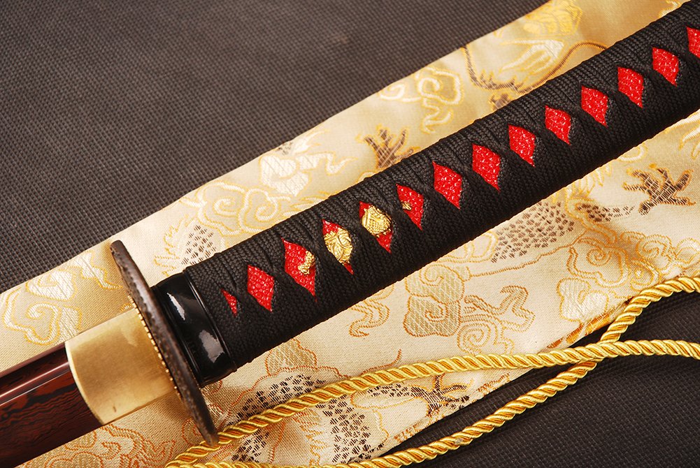 41 Inch Handmade Authentic Japanese Samurai Katana Sword - Full Tang Red Damascus Steel Blade - Collectible Weapon for Martial Arts, Cosplay & Home Decor - Perfect Gift for Men & Sword Enthusiasts
