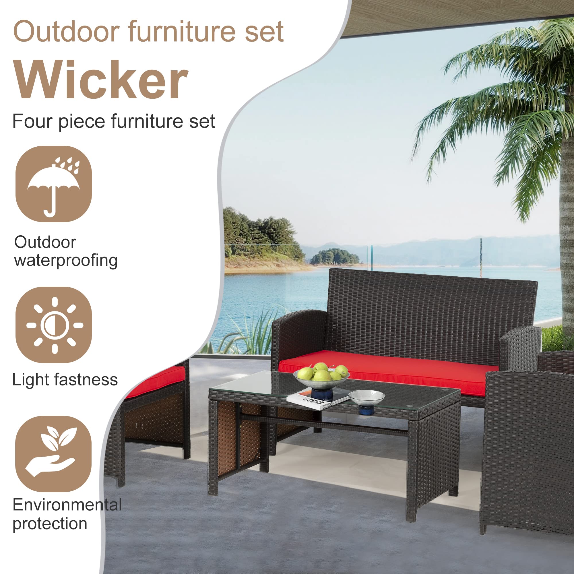 FDW 4-Piece Outdoor Patio Furniture Set - Wicker Rattan Conversation Set with Chairs for Poolside, Lawn, Porch, Balcony & Garden (Brown & Red) - Perfect for Relaxing, Entertaining & Outdoor Dining