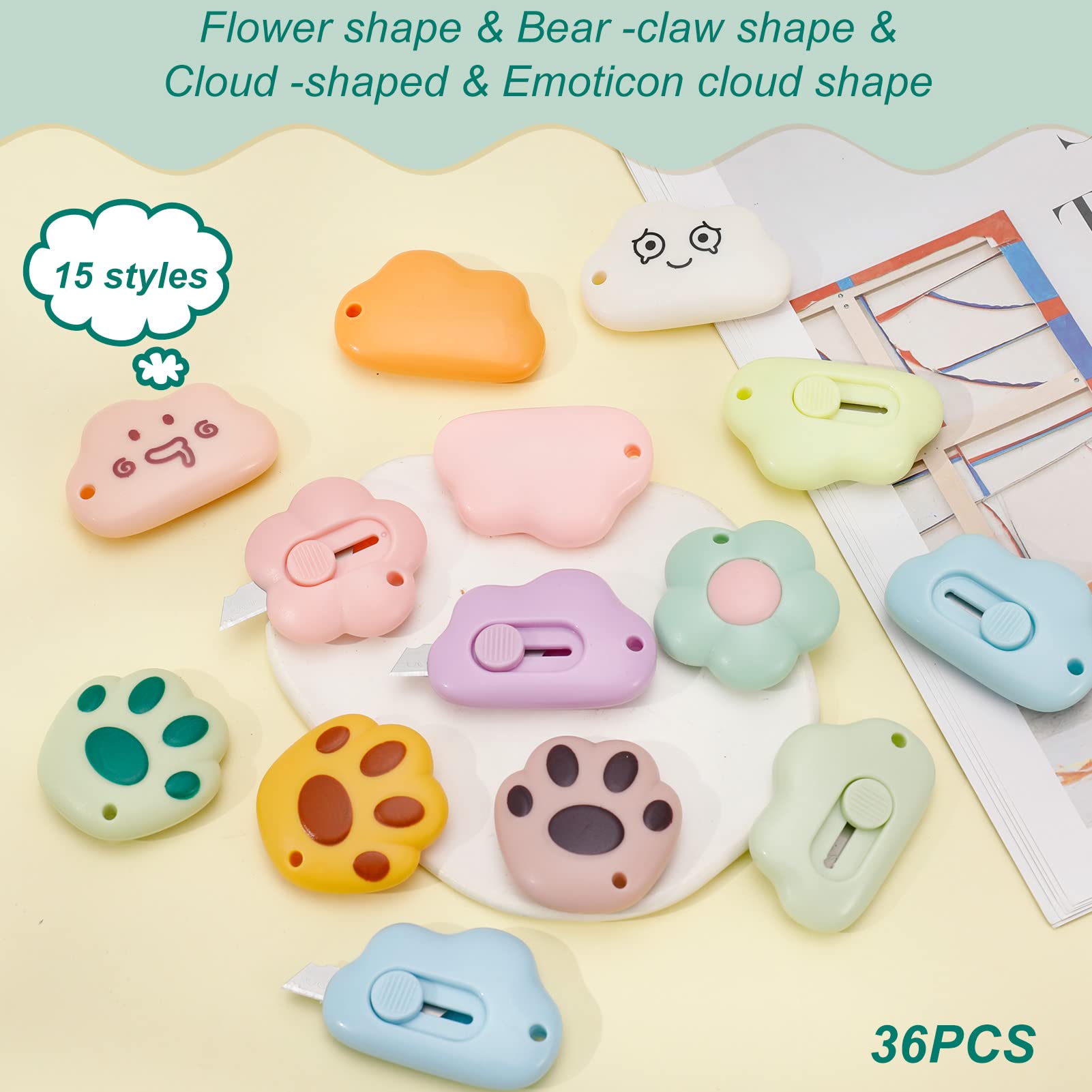 36-Pack Mini Retractable Box Cutters - Bear Claw & Flower Cloud Shaped Utility Knives | Plastic Letter Openers for Envelopes, DIY Crafts, Office & Home Use | Portable, Slide-Open Design in Multi-Colors