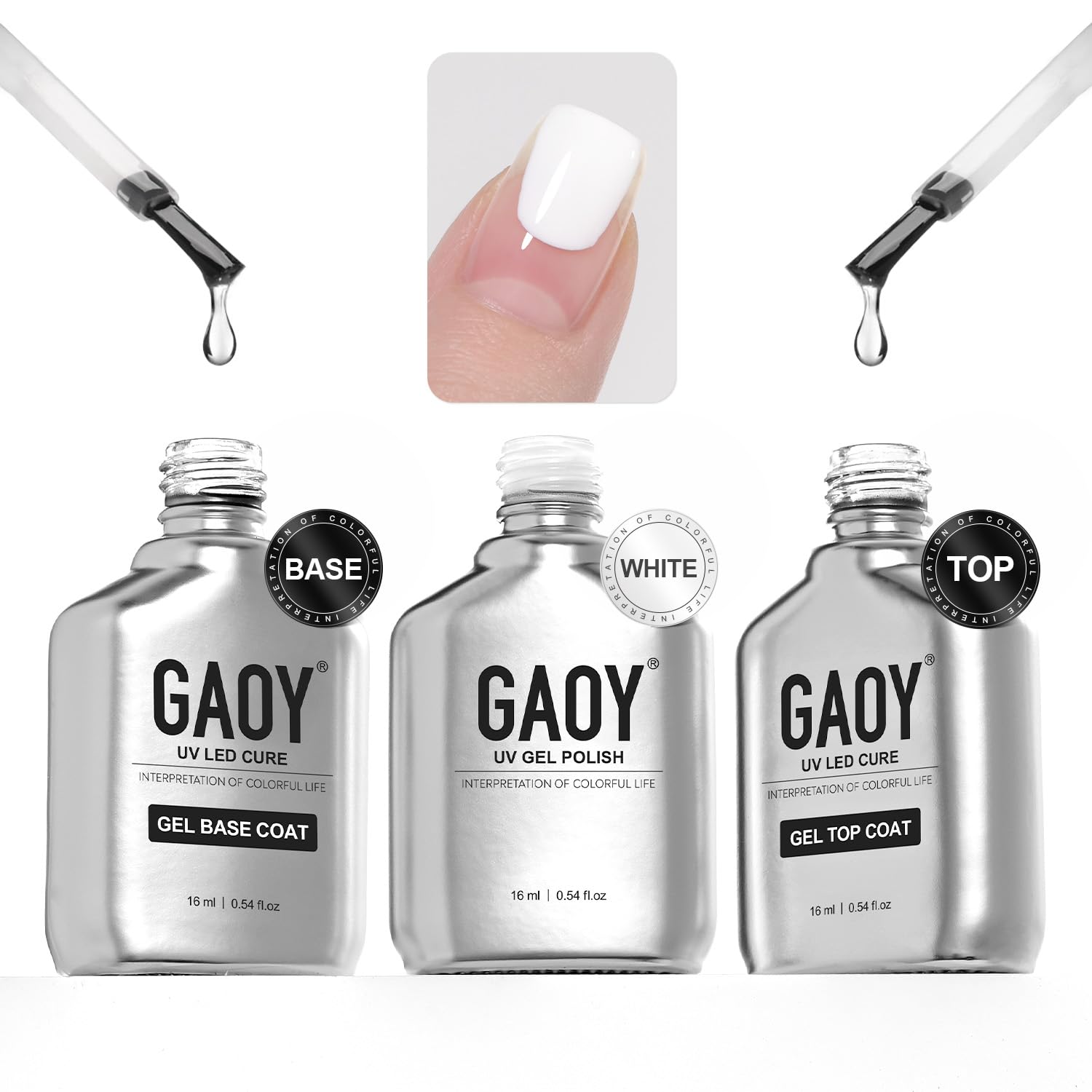 GAOY 3-in-1 Gel Nail Polish Set - 16ml Base Coat, Top Coat & White Gel Polish for UV/LED Light Curing | No Wipe Glossy Finish | Professional Salon & Home Manicure Kit | Perfect for Nail Art, French Tips & Long-Lasting Nail Designs