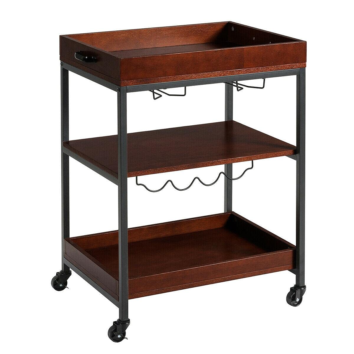 3-Tier Rolling Kitchen Cart with Glass Holder & Wine Rack - Mobile Serving Bar Cart, Storage Trolley for Kitchen, Dining Room, and Home Decor - Perfect for Entertaining, Small Space Organization, and Stylish Storage Solutions