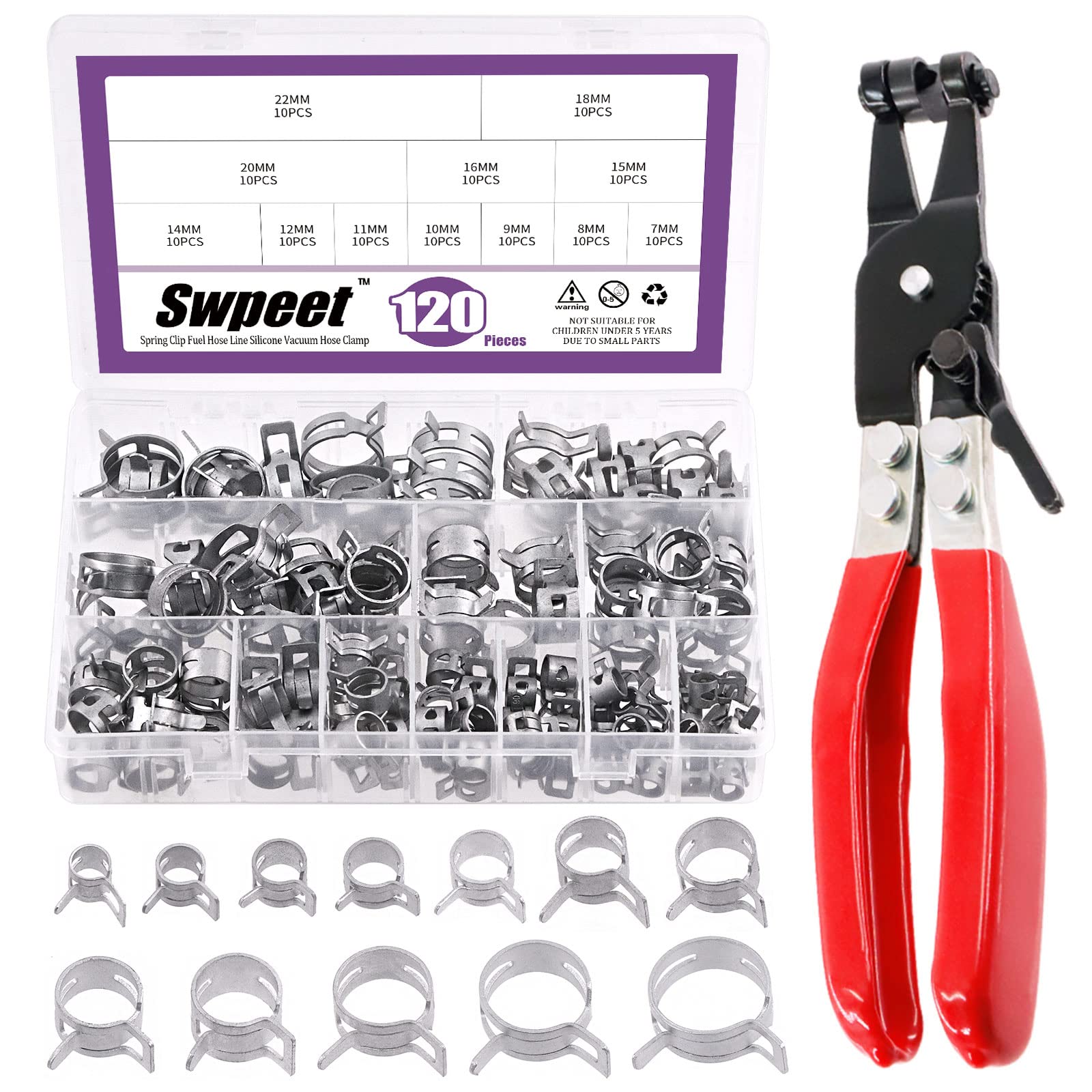 Swpeet 121Pcs Dacromet Spring Hose Clamps Kit (7-22mm) for Fuel & Vacuum Pipes