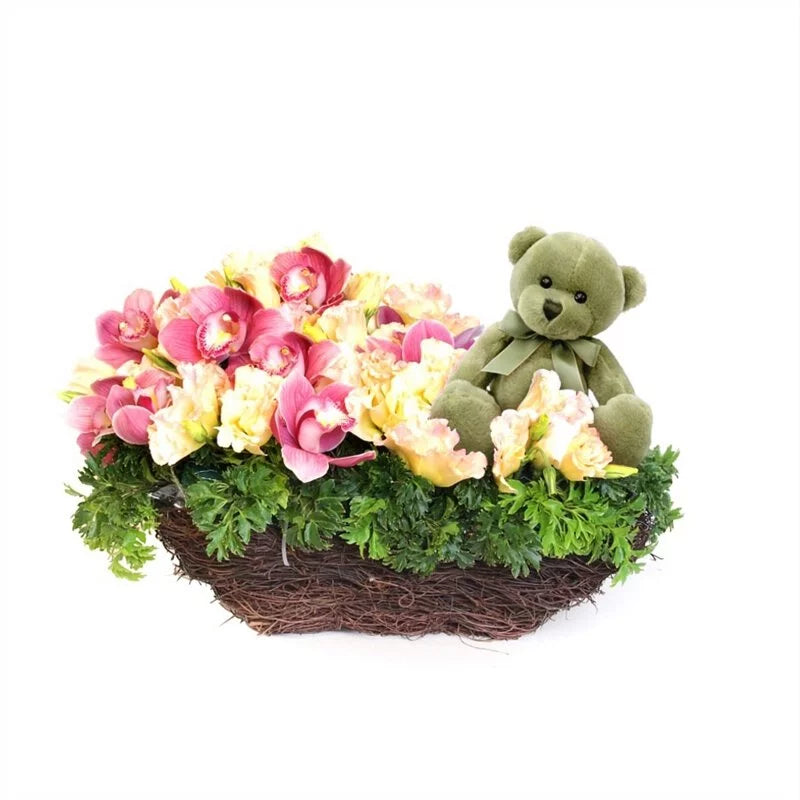 Adorable Baby Basket with Green Bear Plush Toy - Perfect for Newborn Gifts, Nursery Decor & Baby Shower Presents