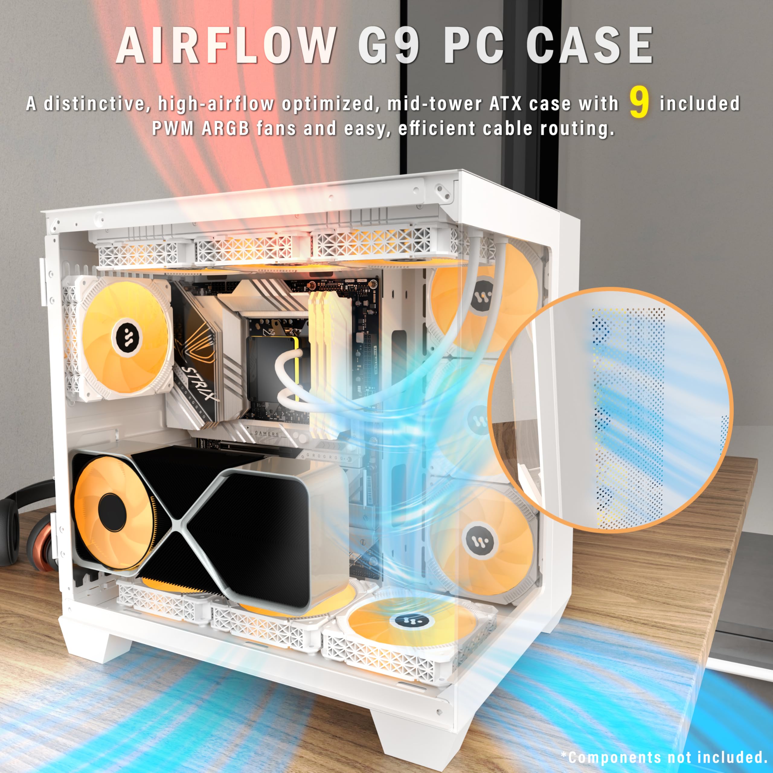 KEDIERS ATX PC Case - 6 Pre-Installed PWM ARGB Fans, Supports 360mm Radiator, 270° Full View Tempered Glass Mid Tower Gaming Computer Case in Pure White (Model C690) - Perfect for High-Performance Gaming Rigs and Custom Water Cooling Builds