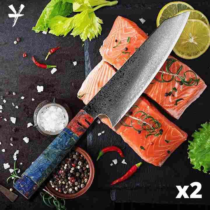 Premium Damascus Kiritsuke Knife Set of 2 - High Carbon Steel Japanese Chef Knives for Sushi, Sashimi & Precision Cutting - Perfect for Professional Chefs & Home Cooking Enthusiasts