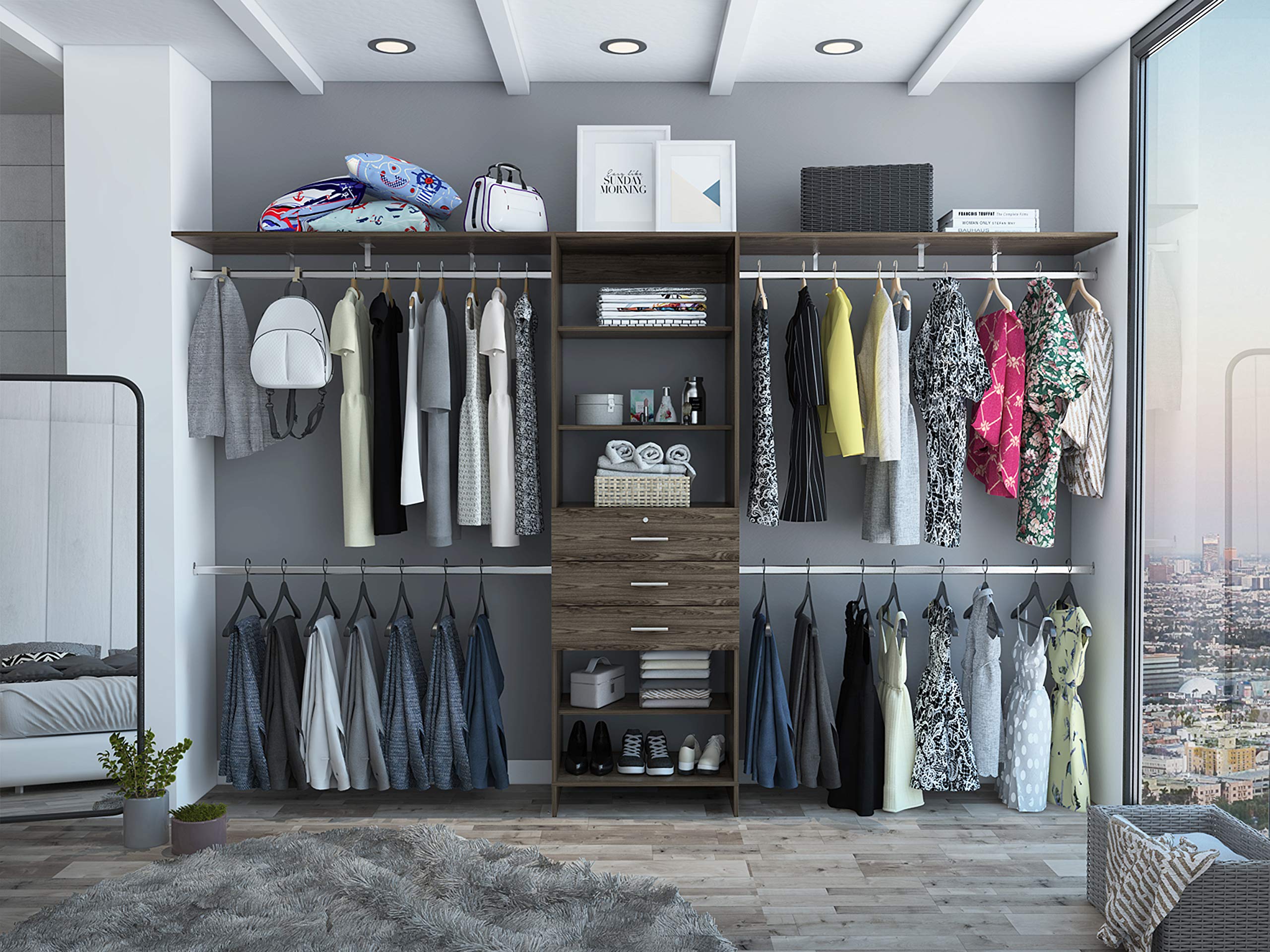 TUHOME Plego Wall Mounted Closet Organizer System - Dark Walnut Wardrobe Storage with 3 Drawers, Shelves & Hanging Rods | Space-Saving Bedroom & Closet Organization Solution
