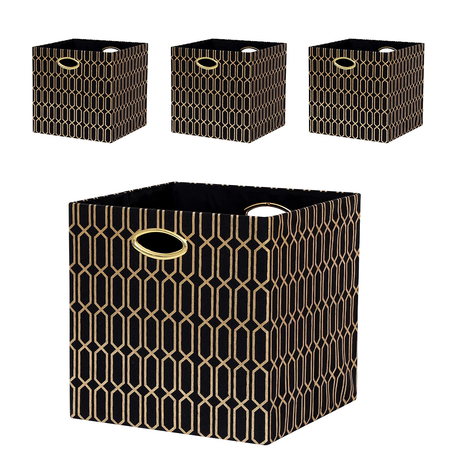 Fboxac 13x13 Inch Cube Storage Bins - Set of 4 Foldable Fabric Organizer Baskets with Handles, Black Gold Collapsible Storage Boxes for Closet, Shelf, Cabinet & Bookcase - Perfect for IKEA Kallax, Home Organization & Halloween Decor