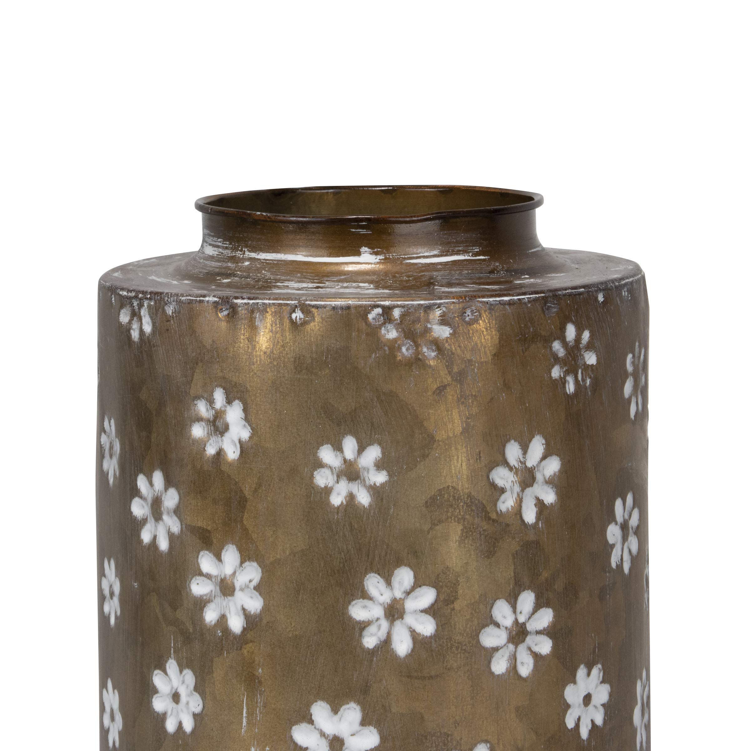 Rustic Whitewashed Floral Galvanized Metal Decorative Vase - Medium Brass Farmhouse Style Home Decor for Living Room, Bedroom, or Wedding Centerpiece