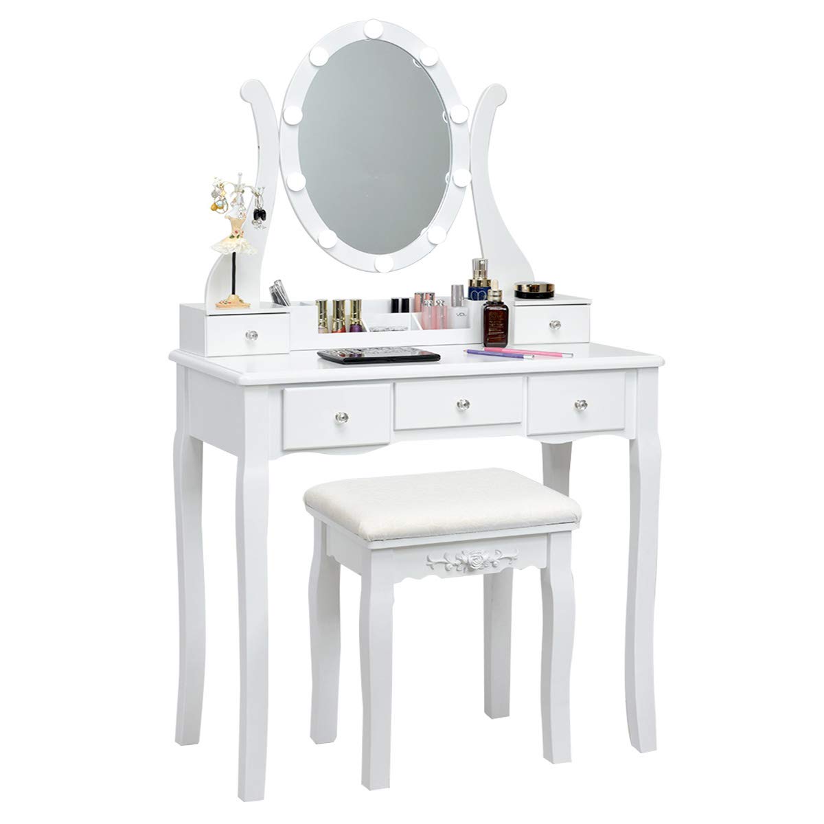 Charmaid White Makeup Vanity Table with LED Lighted Mirror - 10 Adjustable Brightness Lights, 5 Drawers & Removable Organizer, Dressing Desk with Stool for Bedroom, Bathroom & Beauty Salon