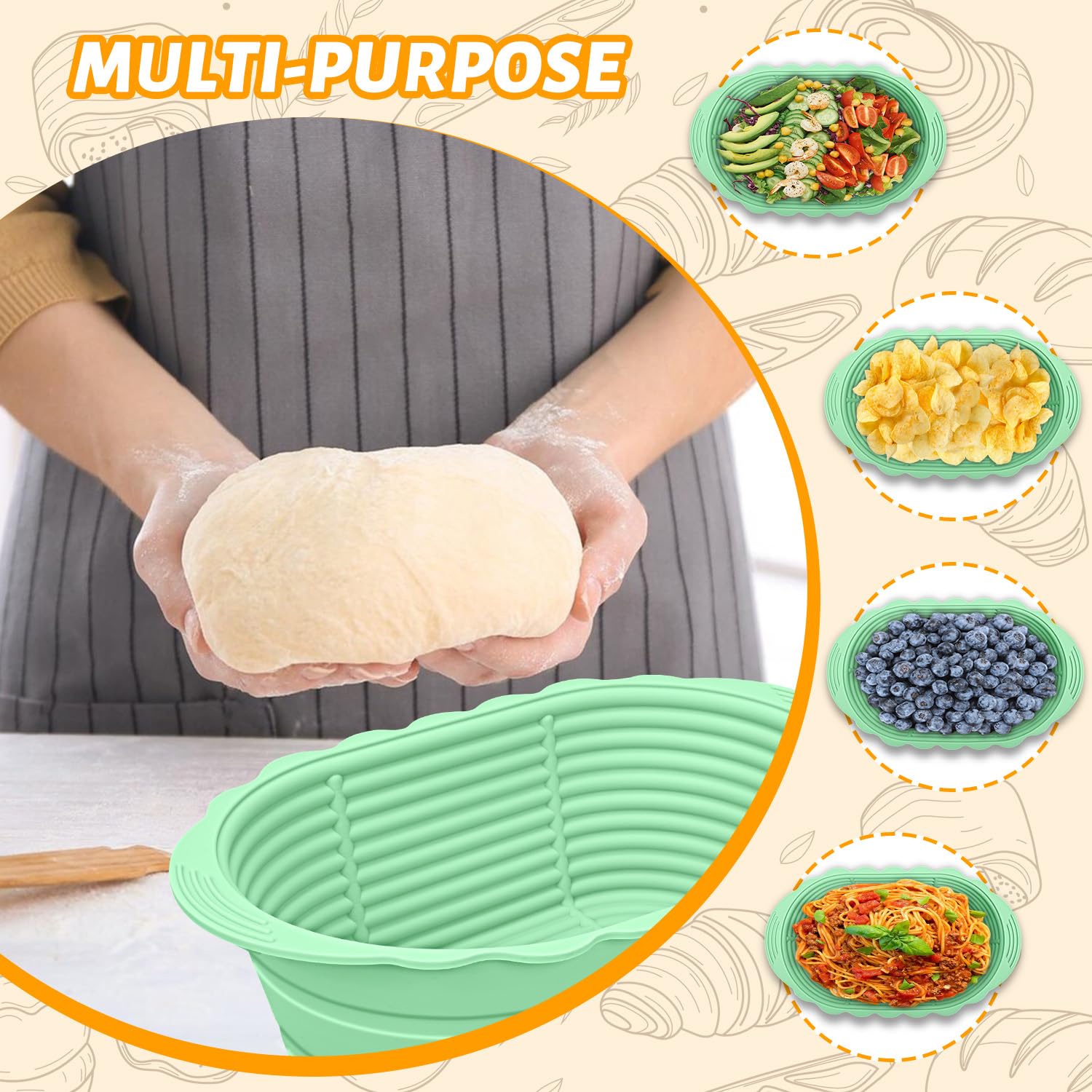 Winceed 10 Inch Oval Silicone Banneton Bread Proofing Basket - Foldable Sourdough Proofing Bowl Kit for Artisan Bread Baking, Perfect for Beginners (Green & Orange) | Ideal for Homemade Sourdough, French Bread & Baking Enthusiasts