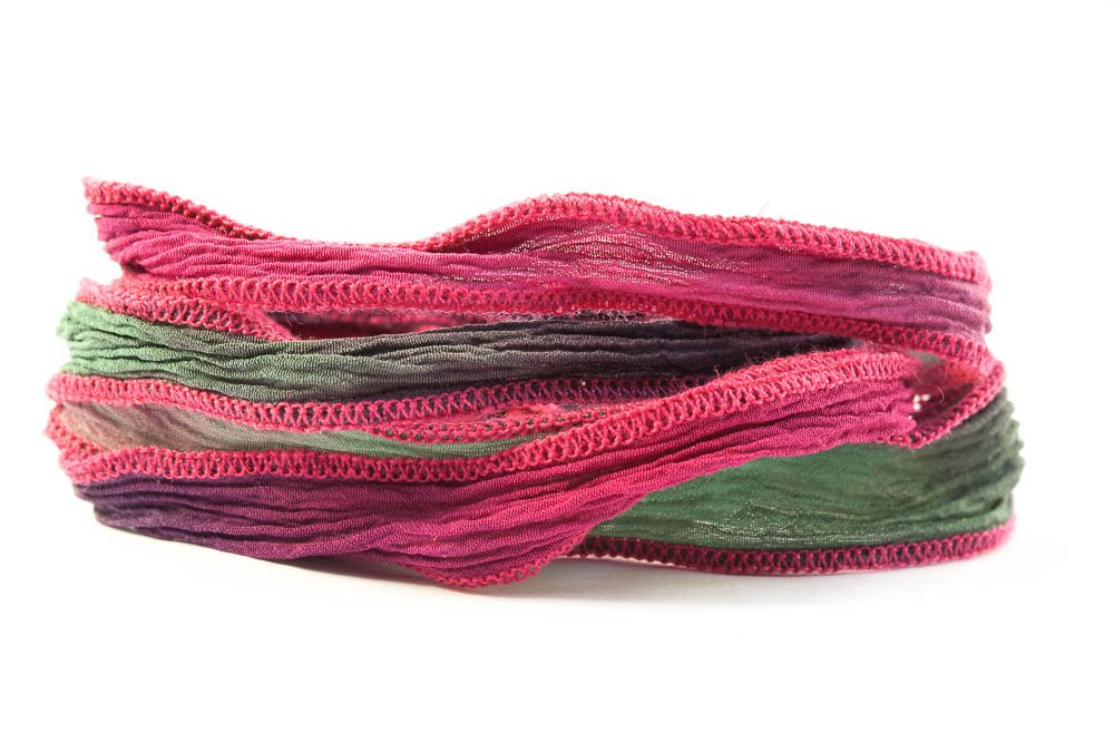 Fuchsia Bloom Handmade Silk Ribbon - Cherry Red, Green, Eggplant with Cherry Red Edges | Premium Quality Silk Fabric Ribbons for Gift Wrapping, Wedding Decor, DIY Crafts & Hair Accessories