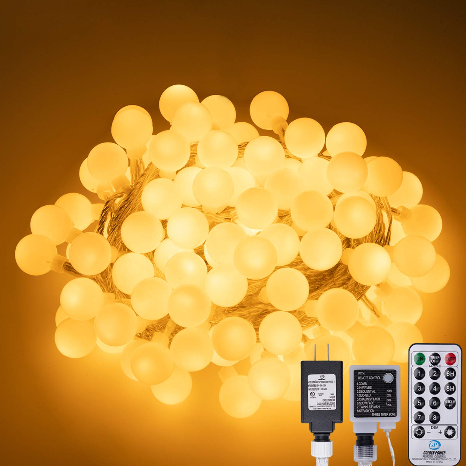 100 LED 49 FT Globe Ball String Lights with Remote - 8 Lighting Modes, Extendable Fairy Lights for Indoor & Outdoor Decor - Perfect for Weddings, Birthdays, Christmas Trees, Garden Parties and Home Ambiance (Warm White)