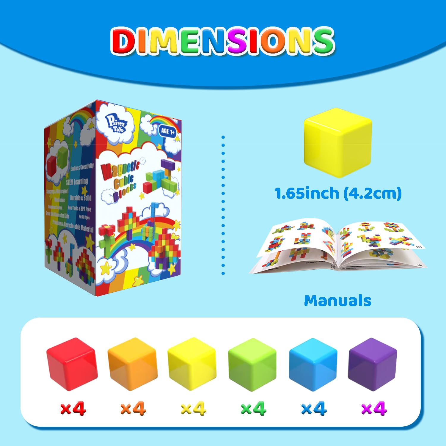 Pairez Magnetic Building Blocks for Toddlers - 24 PCS Large 1.65 Inch Stacking Cubes, Montessori Sensory Toys for Boys & Girls Ages 1-3 | STEM Learning, Creative Play & Early Childhood Development Toys